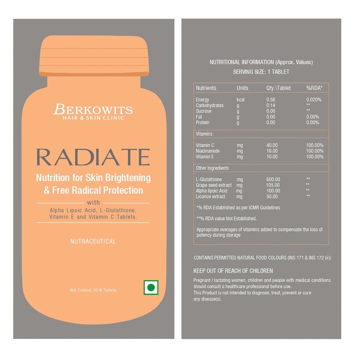 Berkowits Radiate L Glutathione 600mg Nutrition For Glowing and Healthy Skin with Vitamin C, E and Alpha Lipoic Acid- 60 Servings