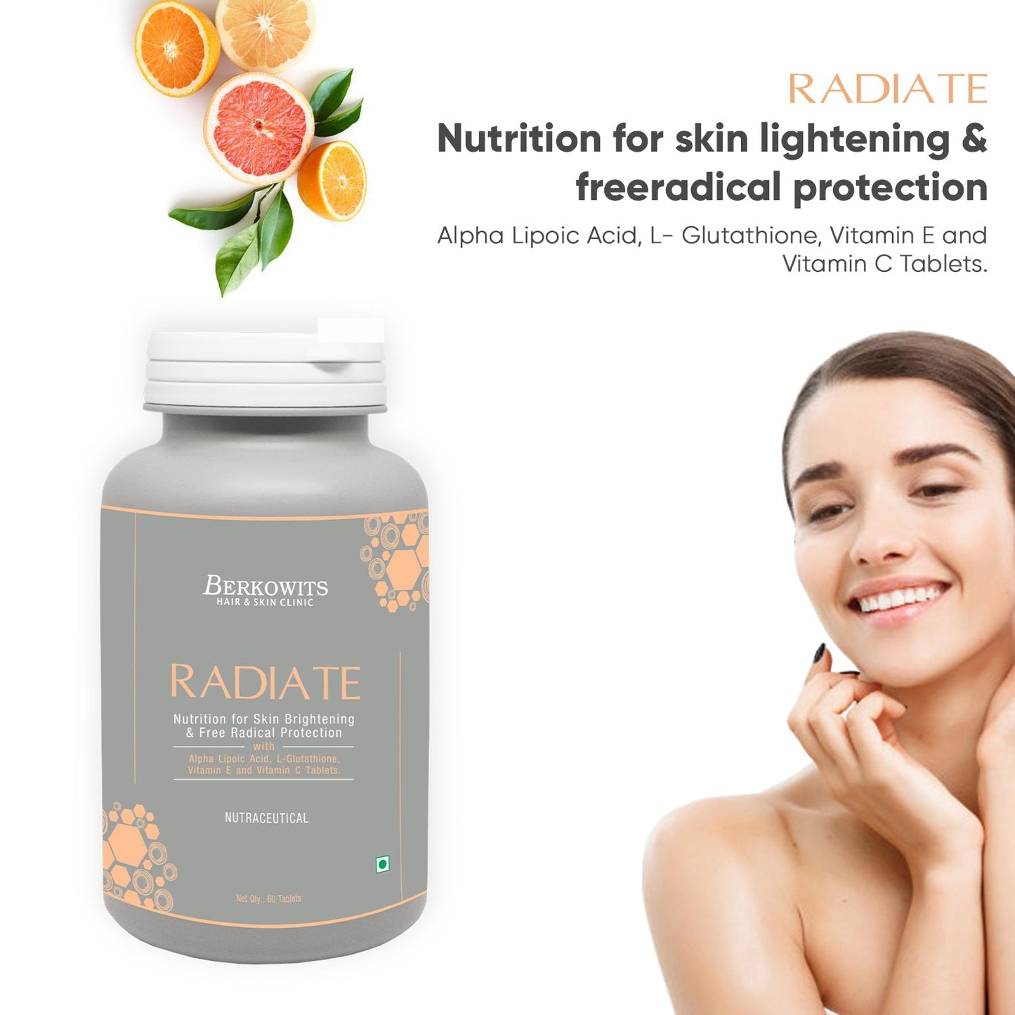 Berkowits Radiate L Glutathione 600mg Nutrition For Glowing and Healthy Skin with Vitamin C, E and Alpha Lipoic Acid- 60 Servings