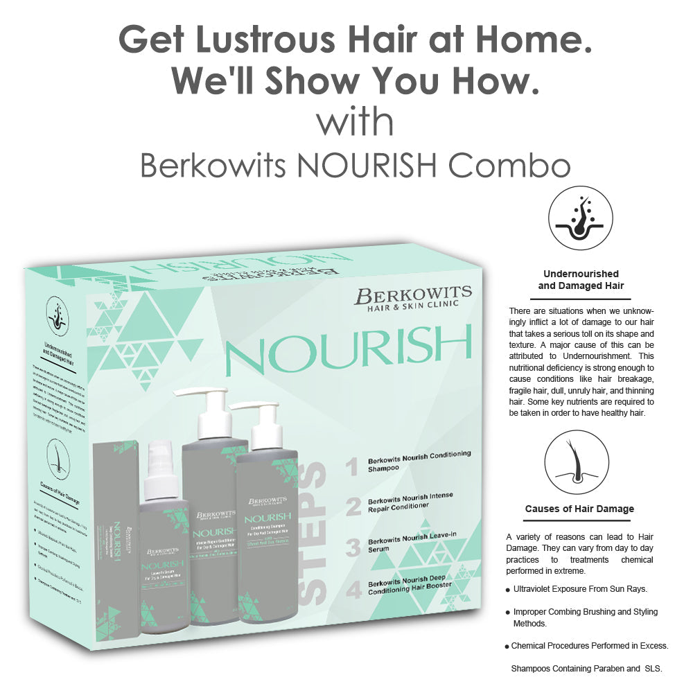 Berkowits Nourish Essential Kit for Frizzy Hair Treatment includes Natural Ingredients | Shampoo, Conditioner and Serum