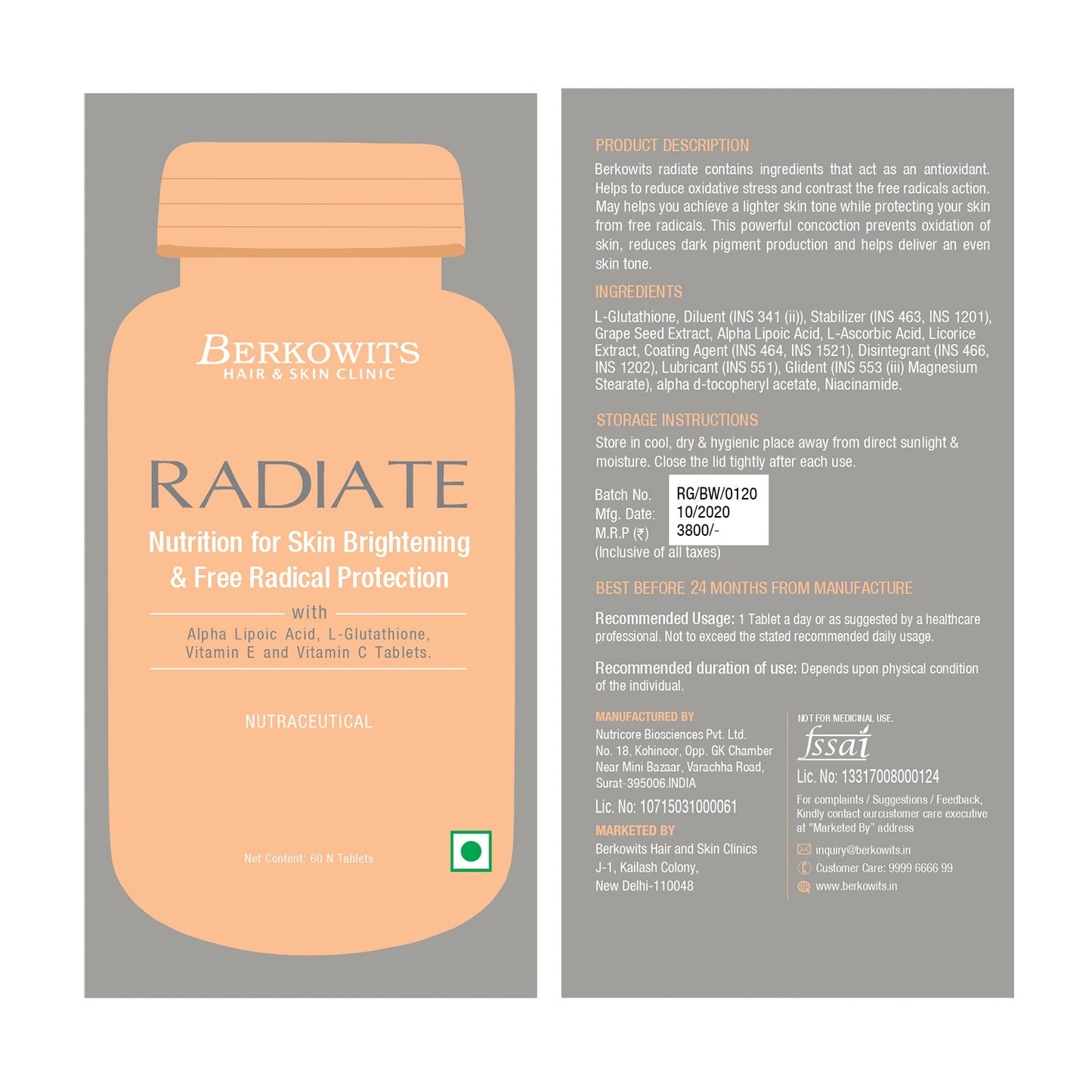 Berkowits Radiate L Glutathione 600mg Nutrition For Glowing and Healthy Skin with Vitamin C, E and Alpha Lipoic Acid- 60 Servings