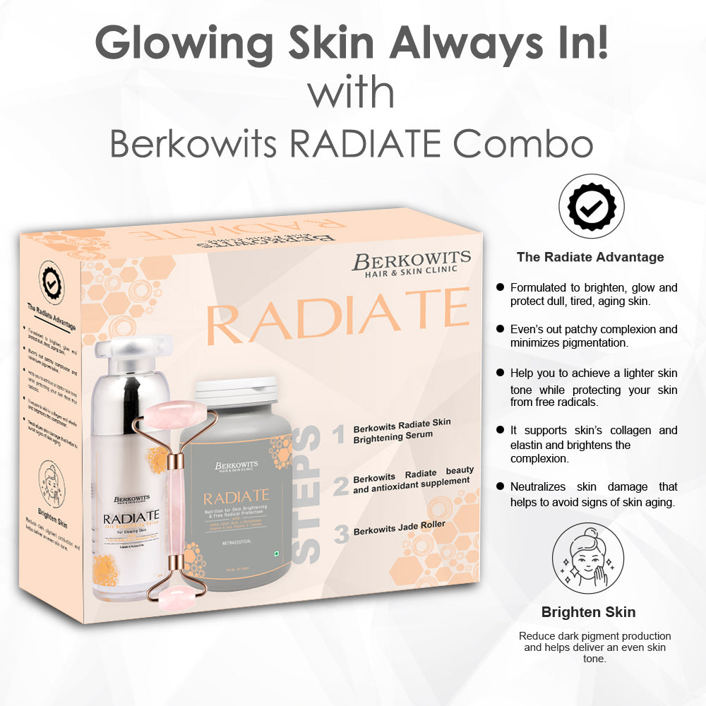 Berkowits Radiate Treatment Kit for Glowing Skin with Berkowits Face Roller (Combo pack) | Perfect face care kit with Jade Facial Roller